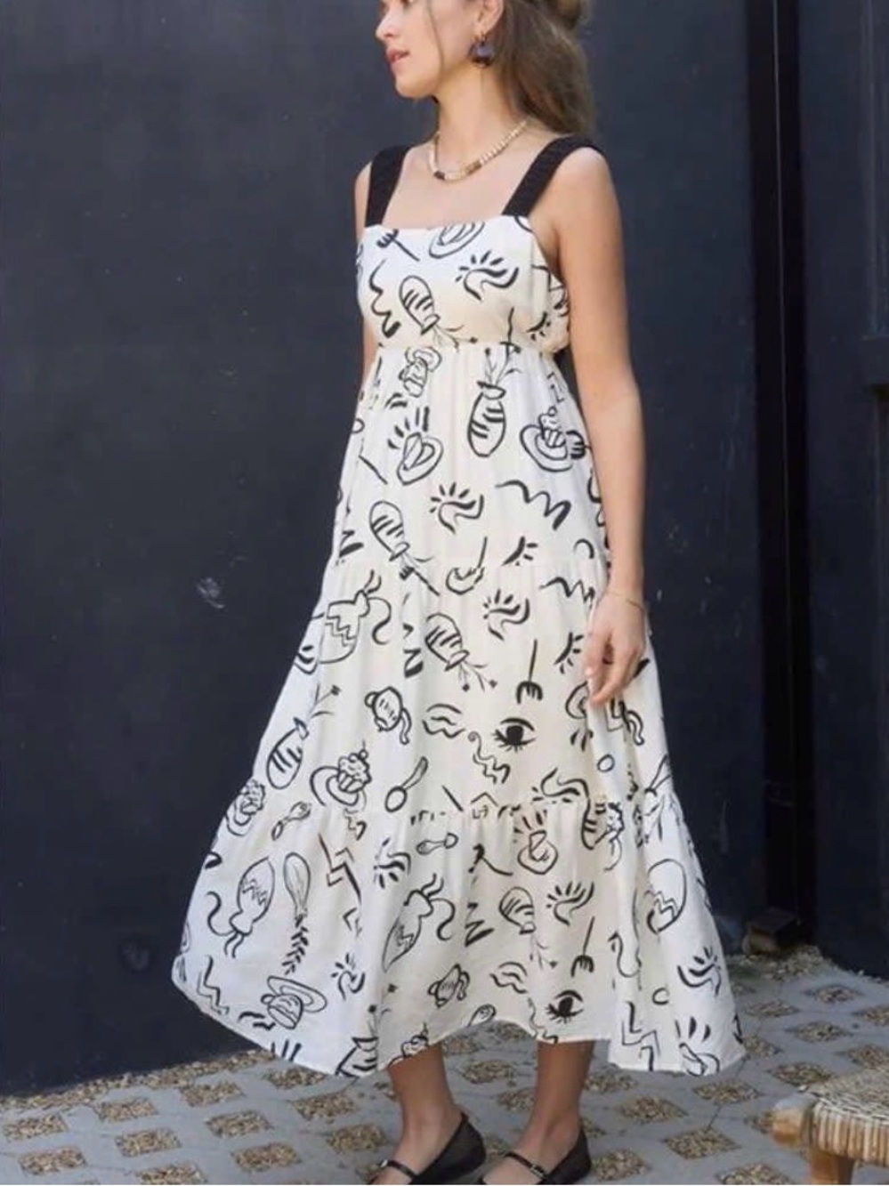 By The River Abstract Print Midi Dress with Black Straps. Size Small